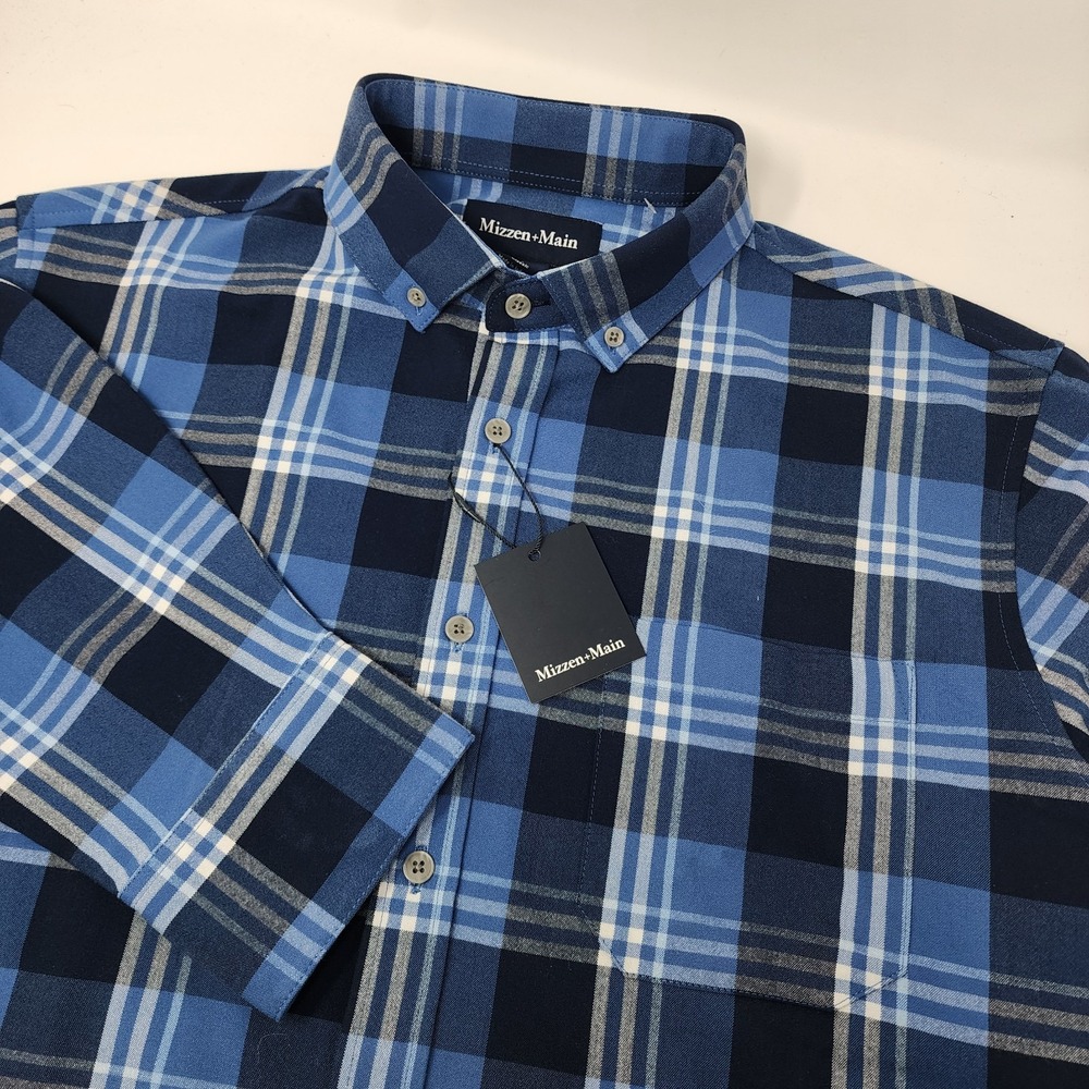 NEW Mizzen + Main City Flannel Shirt Mens Large Classic Denim Blue William Plaid